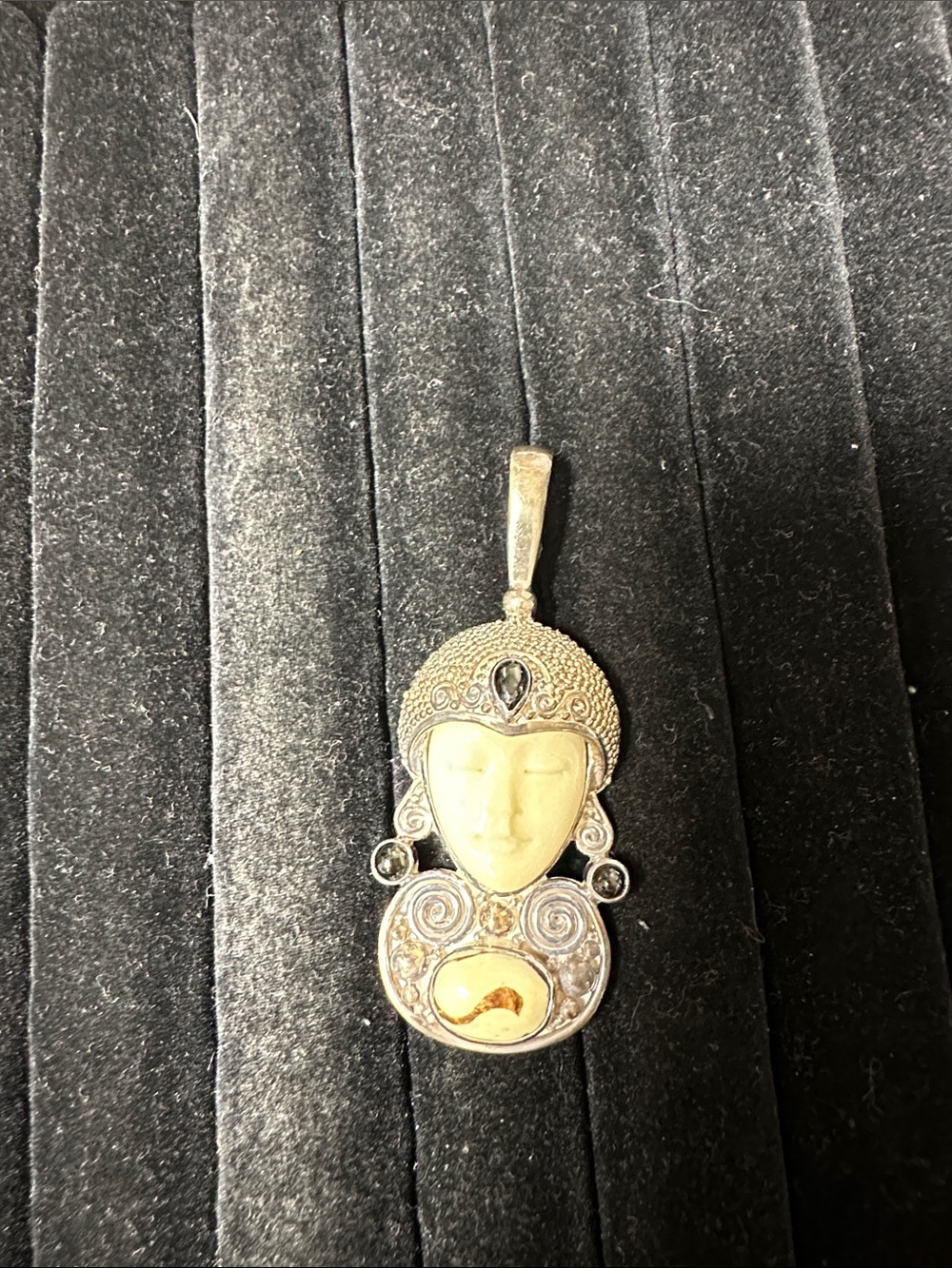 Buddha Face Pendant Necklace in Cream and silver Accents 925 sterling
